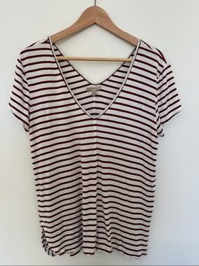 Bordeaux Cream and Burgundy Striped V-Neck Tee